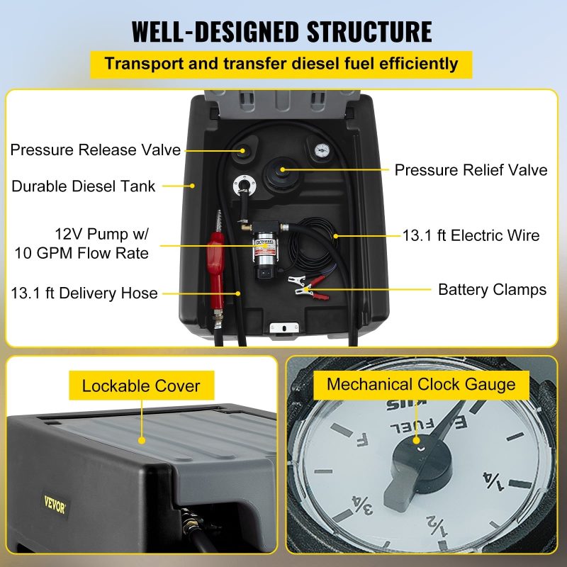 VEVOR Portable Diesel Tank, 58 Gallon Capacity with 12V Electric Transfer Pump, Polyethylene for Easy Fuel Transportation, Black - Image 5