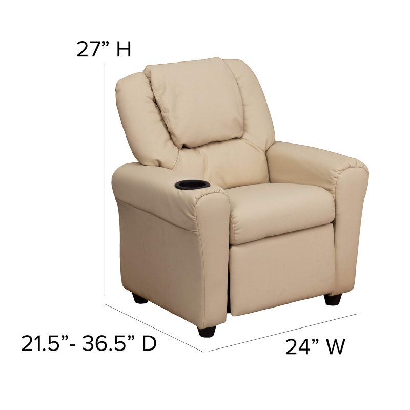 EMMA + OLIVER Beige Vinyl Kids Recliner with Cup Holder and Headrest - Image 2