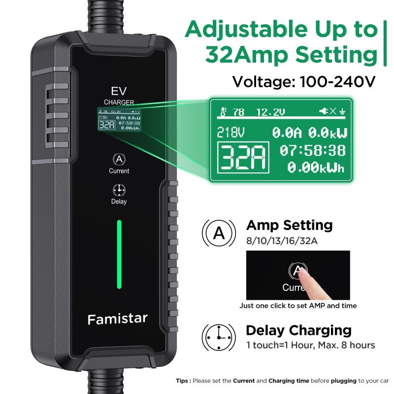 Famistar EV Charger, Level 2 Portable Electric Vehicle Car Charger Charging Station, 14-50 Plug, 32 Amp, 100-240V, 25FT Model, IP65 Waterproof, 0.96” LCD Screen, UL Recognized, for SAE J1772 EV - Image 4