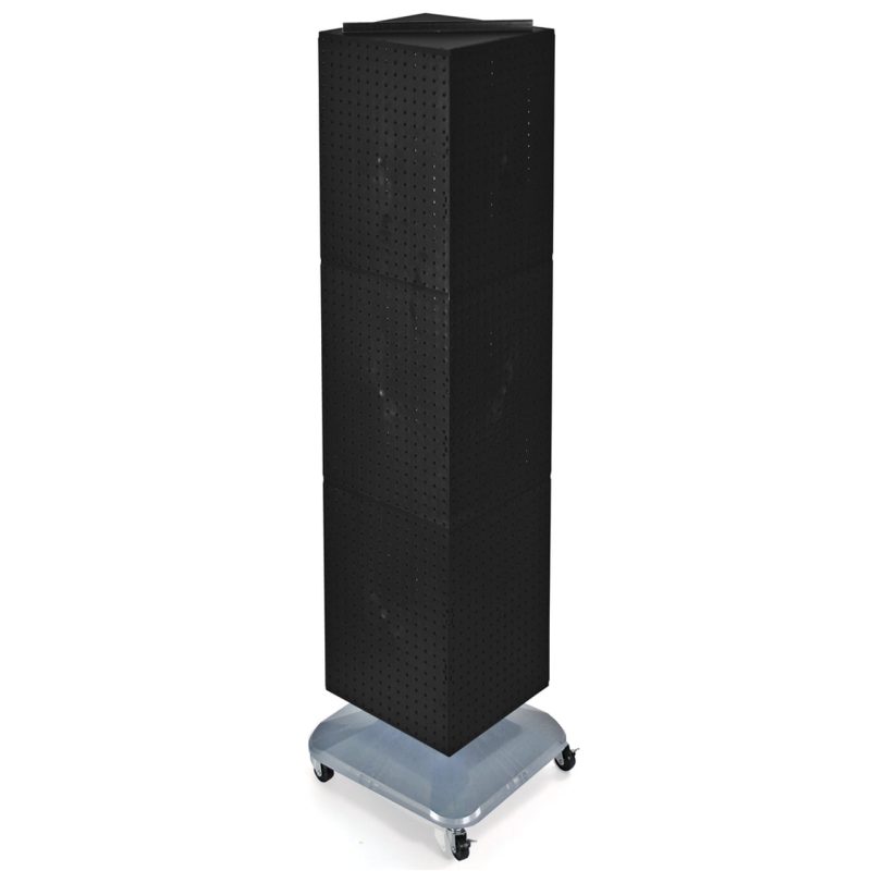 Azar Displays 701465-BLK Black Four-Sided Pegboard Tower Floor Display on Revolving Wheeled Base. Spinner Rack Stand. Panel Size: 14"W x 60"H