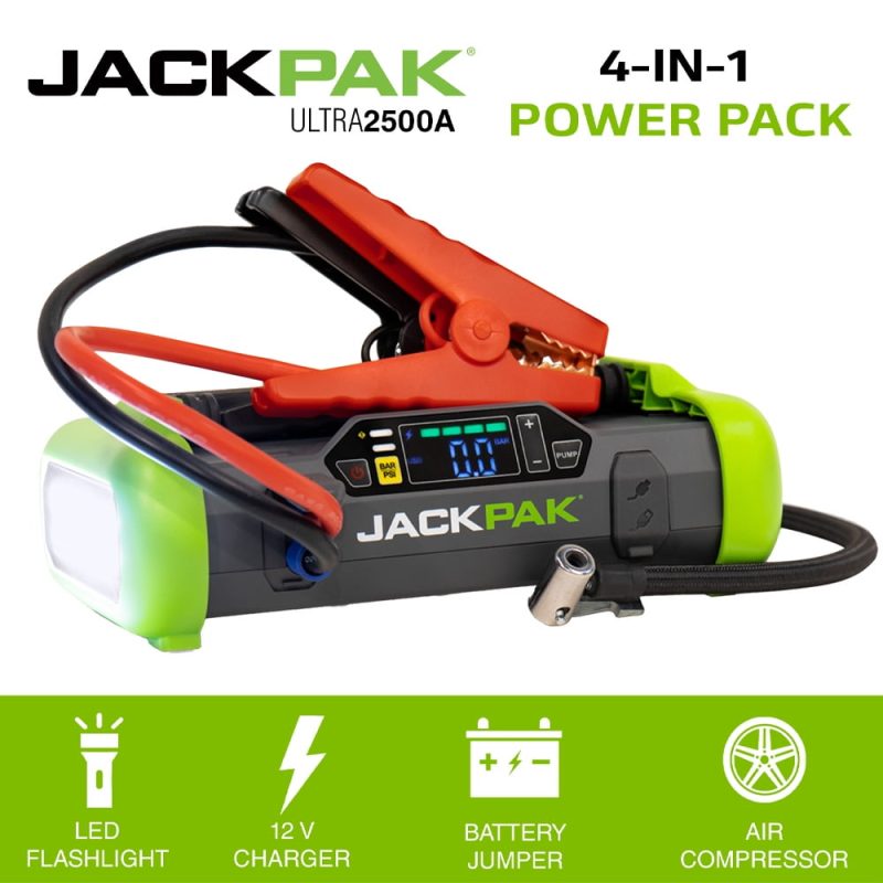 JackPak 2500 Amp Portable 4-1 Jump Starter, Air Compressor, Flashlight & Charger, USB