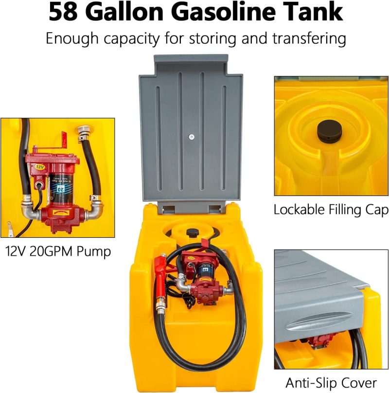 TECSPACE 58 Gallon Gasoline Tank, Portable Fuel Tank with 12V Electric Fuel Transfer Pump, 40 GPM Gasoline Fuel Tank with 4 Meters Hose for Gasoline Transportation (Yellow, 58 gal) - Image 4