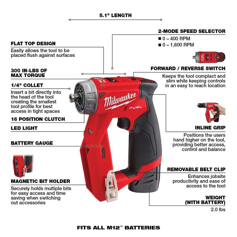 M12 FUEL 12V Lithium-Ion Brushless Cordless 4-in-1 Installation 3/8 in. Drill Driver Kit with 4-Tool Heads 2505-22 - Image 4