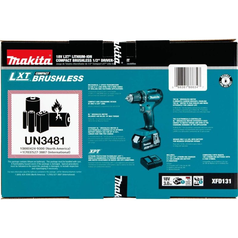 Makita XFD131 18V LXTu00ae Lithium-Ion Brushless Cordless 1/2" Driver-Drill Kit (3.0Ah) - Image 9