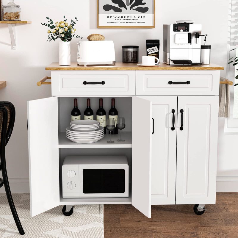 4 EVER WINNER White Kitchen Island with Storage on Wheels, Rolling Kitchen Island Cart with 2 Drawers& 4 Storage Cabinets, Wooden Countertop, Towel Racks, Adjustable Shelves