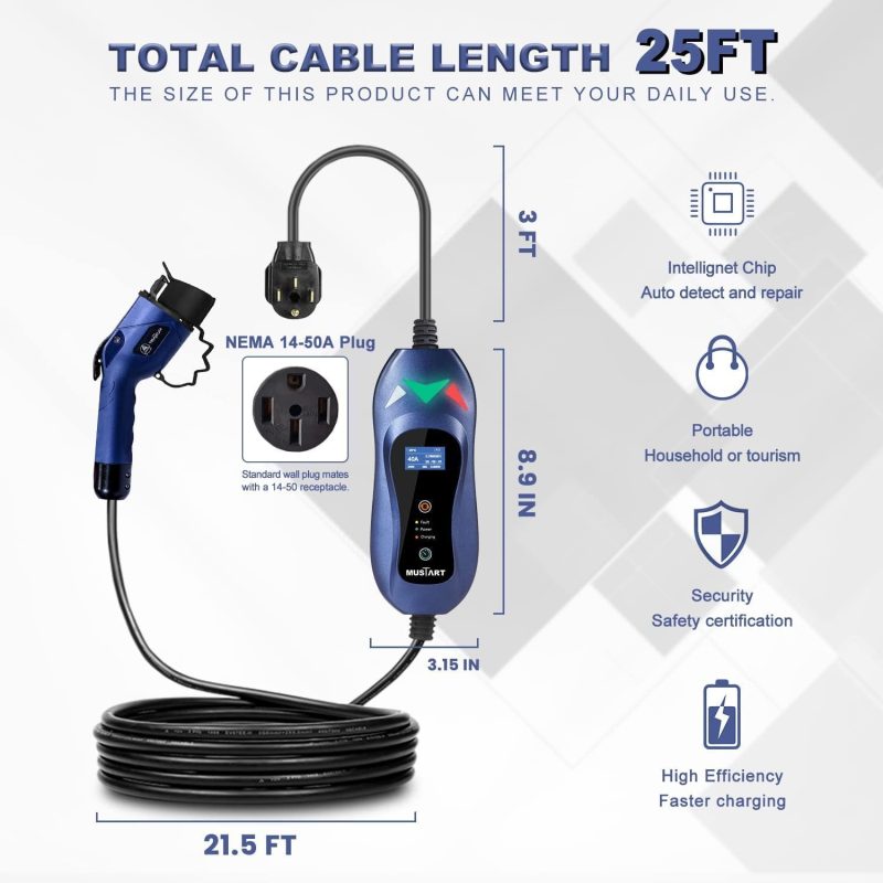 MUSTART Level 2 Portable EV Charger (240 Volt, 25ft Cable, 15/25/40 Amp Adjustable) Electric Vehicle Charger Plug-in EV Charging Station with Delay Function (NEMA 14-50P) - Image 6