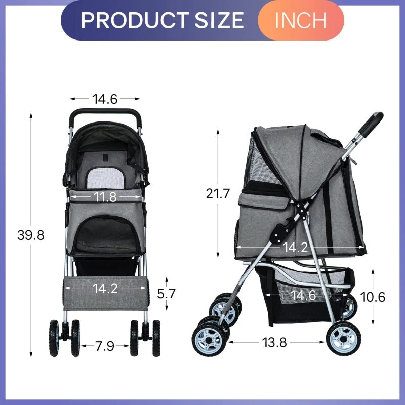 Dkelincs Pet Stroller 4 Wheels Foldable Dog Cat Stroller Travel Carrier with Storage Basket & Cup Holder, Grey - Image 7