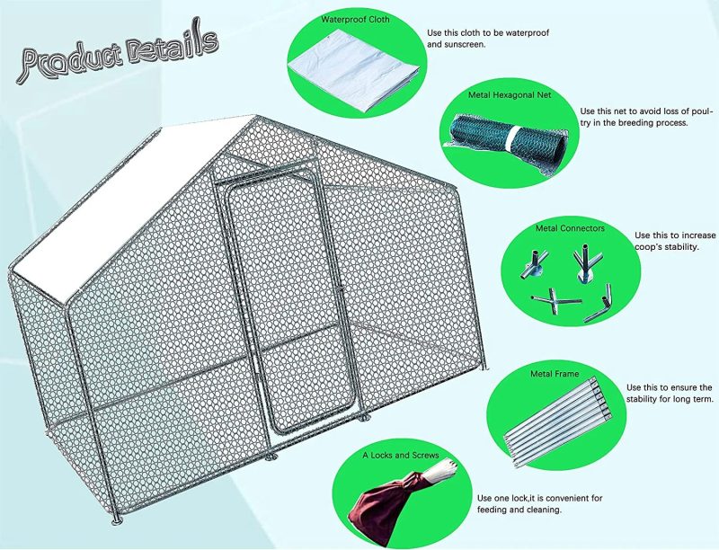 Phonjoroo Large Walk-in Metal Chicken Coop Poultry Cage Hen House Chicken House for Farm Up to 12 Chickens 10’ L x 6.6’ W x 6.6’ H w/Chicken Run Cover for Farm Home use (79.2'' H x 79.2'' W x 120'' D) - Image 9