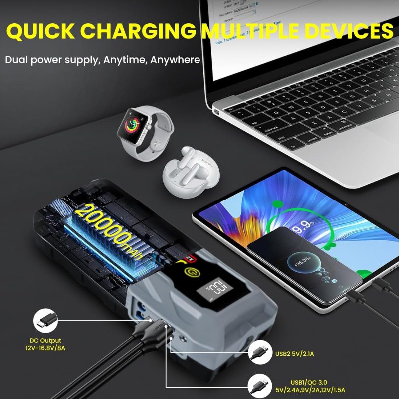 UltraSafe Car Battery Jump Starter, 3500A Peak 12V Lithium Jump, Battery Booster, Portable Car Charger for All Gas and 10.0L Diesel Engines with Dual USB QC3.0/Type-C/LED Light - Image 2