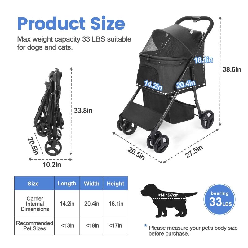 4 Wheel Dog Stroller, Wedyvko Foldable Pet Stroller with Storage Basket for Small Medium Dogs & Cats (Black) - Image 6