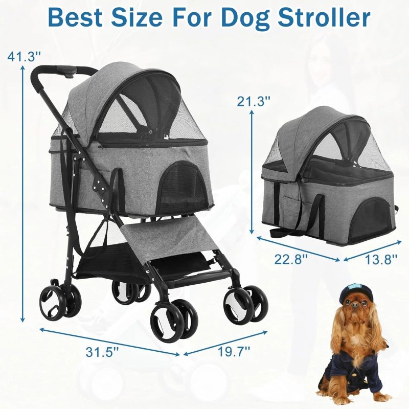 Dkeli 4 Wheels Dog Stroller Folding Pet Stroller Cat Stroller for Medium Dogs with Detachable Carrier, Grey - Image 9