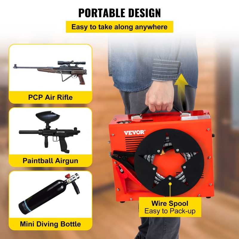 VEVORbrand PCP Air Compressor,4500PSI Portable PCP Compressor,12V DC 110V/220V AC PCP Airgun Compressor Auto-stop,with Built-in Adapter,Fan Cooling,Wire Spool Suitable for Paintball,Scuba,Air Rifle - Image 6