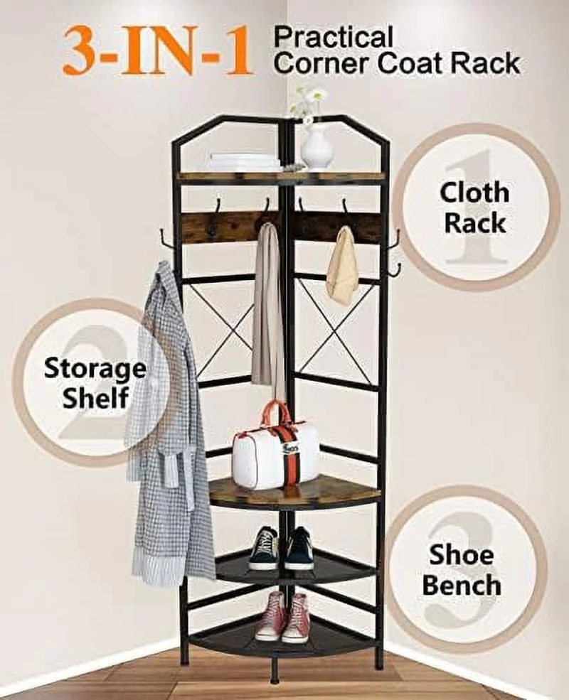 MQLIFEBOOM 3-in-1 Entryway Coat Rack Industrial Hall Tree Corner Cloth Rack with Bench Hallway Coat and Shoe Rack for Corner Entryway Organizer with Metal Shoe for Hallway Corner Ent - Image 5