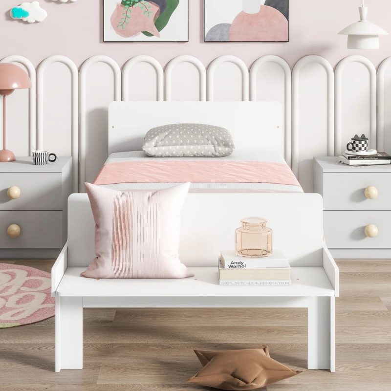 Create a chic and cozy bedroom look with this stylish and elegant white twin bed featuring a footboard bench for added comfort - perfect for enhancing the style and comfort of your bedroo - Image 3