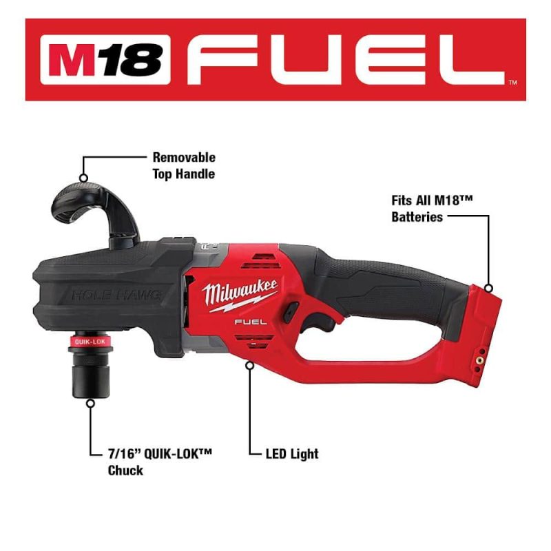 M18 FUEL 18V Lithium-Ion Brushless Cordless Hole Hawg 7/16 in. Right Angle Drill W/ Quick-Lok (Tool-Only) 2808-20 - Image 9