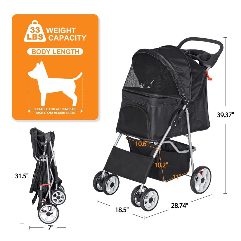 Pet Stroller 4 Wheels Dog Cat Stroller for Small Medium Dogs Cats Foldable Puppy Stroller with Storage Basket and Cup Holder - Image 5