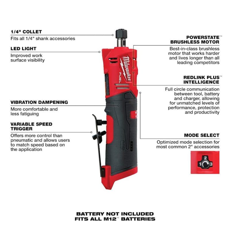 M12 FUEL 12V Lithium-Ion Brushless Cordless 1/4 in. Right Angle and Straight Die Grinder Kit (Tool-Only Kit) 2485-20-2486-20 - Image 3