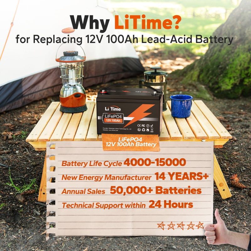 LiTime 12V 100Ah LiFePO4 Lithium Deep Cycle Battery, Built-In 100A BMS, 1280Wh Energy (14.6V10A LiFePO4 Charger Included) - Image 2