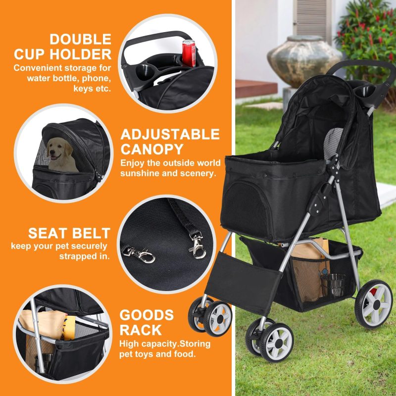 Pet Stroller 4 Wheels Dog Cat Stroller for Small Medium Dogs Cats Foldable Puppy Stroller with Storage Basket and Cup Holder - Image 7