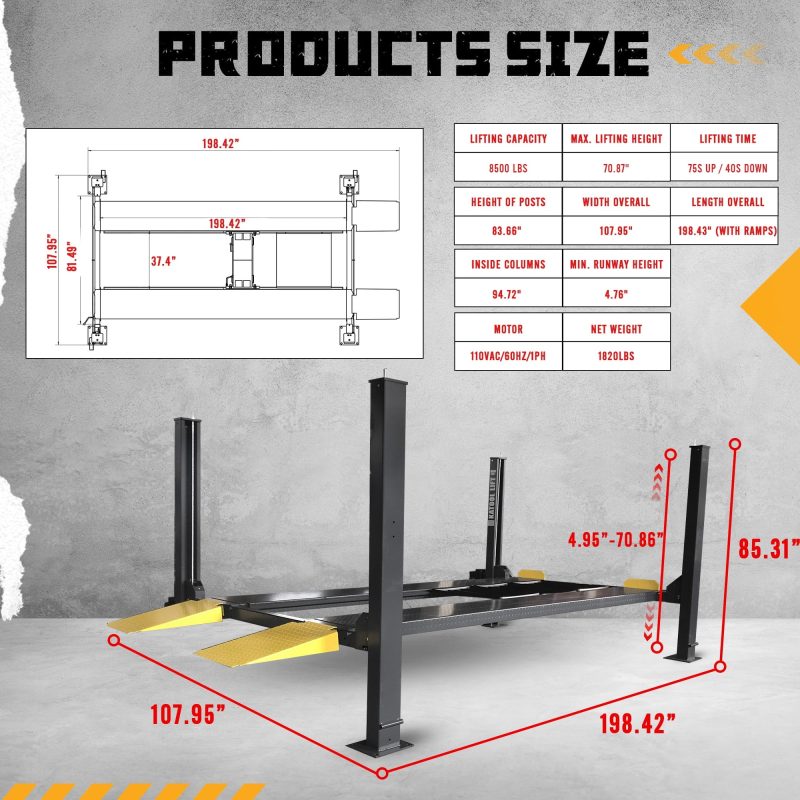 KT-4H850 Four Post Parking Lift Storage Service Car Auto Lift Truck Hoist with Caster Kit for Home Garage,Repair Shop - Image 5