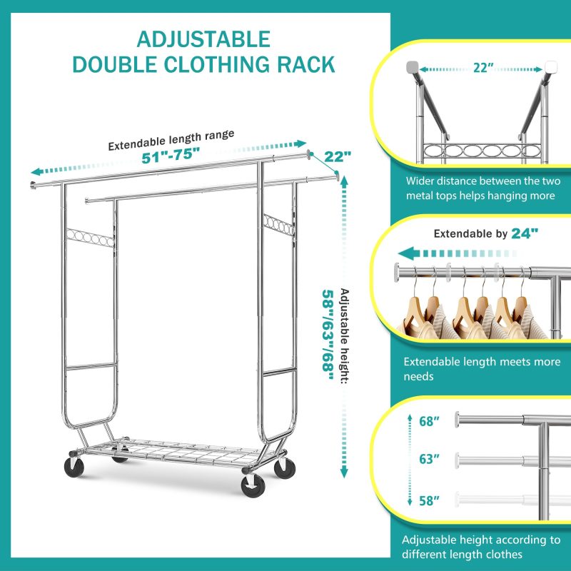 Raybee Clothes Rack Heavy Duty Holds 610LBS Rolling Clothing Racks for Hanging Clothes Portable Clothes Rack Metal Clothing Rack with Wheels Collapsible & Commercial Garment Rack Heavy Duty - Image 6