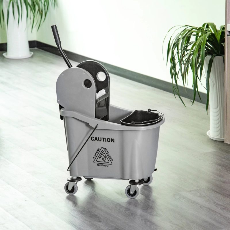 HOMCOM 9.5 Gallon (38 Quart) Mop Bucket with Wringer Cleaning Cart, 4 Moving Wheels, 2 Separate Buckets, & Mop-Handle Holder, Grey - Image 9