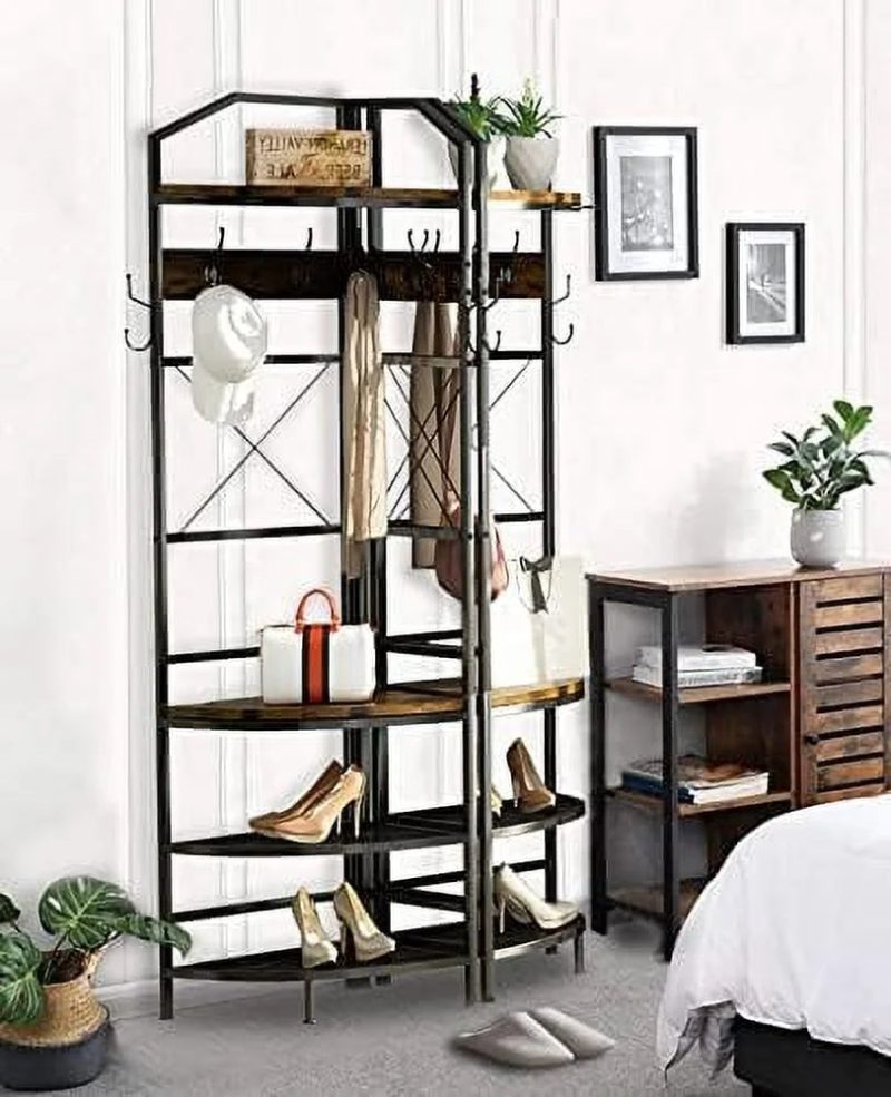 AYFDEGT 3-in-1 Entryway Coat Rack Industrial Hall Tree Corner Cloth Rack with Bench Hallway Coat and Shoe Rack for Corner Entryway Organizer with Metal Shoe for Hallway Corner Entran - Image 2