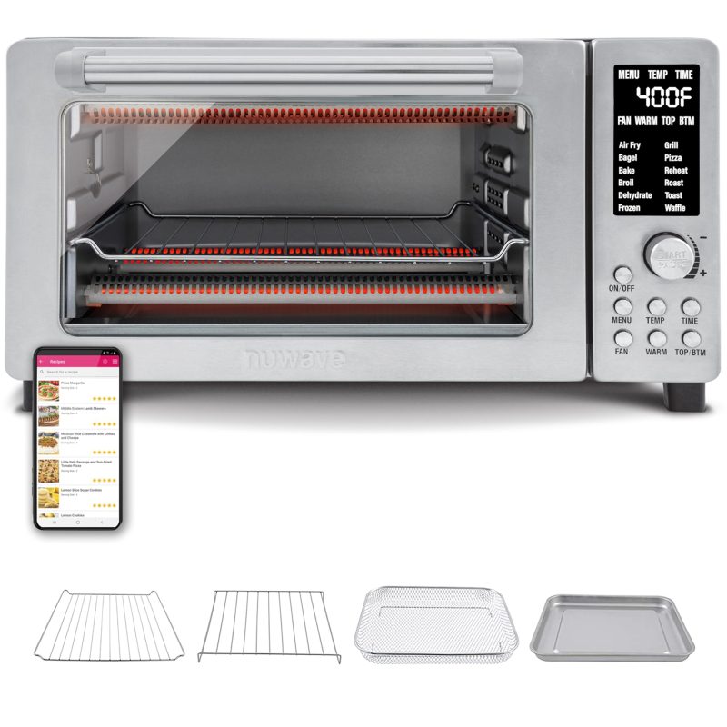 Nuwave Bravo 12-in-1 Digital Toaster Oven, Countertop Convection Oven & Air Fryer Combo, 1800 Watts, 21-Qt Capacity, 50u00b0-450u00b0F Temp Controls, Dual Zone Surround Cooking, Linear T Technology, SS Look