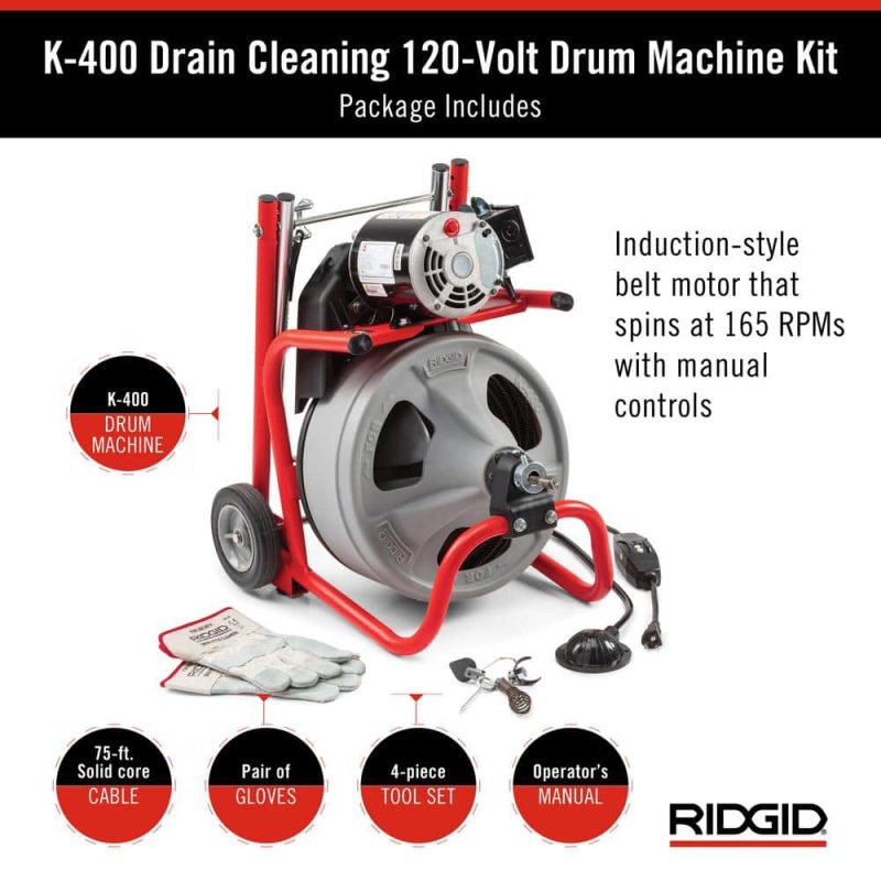 K-400 Drain Cleaning Snake Auger 120-Volt Drum Machine with C-32IW 3/8 in. x 75 ft. Cable + 4-Piece Tool Set & Gloves 52363 - Image 8