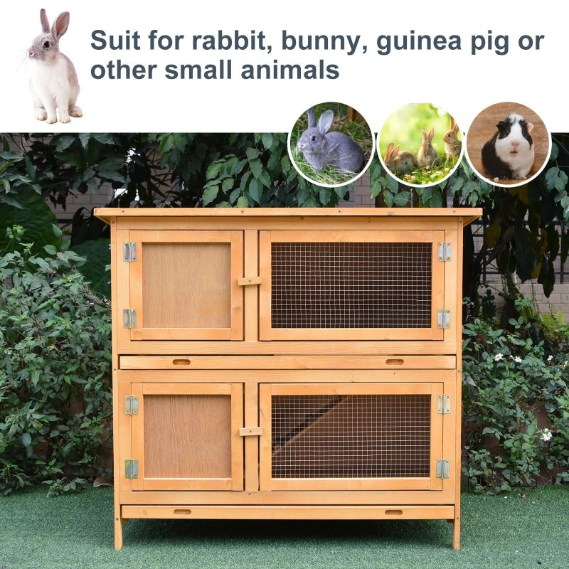 Pawhut Solid Wood Rabbit/Bunny Hutch with 2 Large Main Rooms, Yellow - Image 3