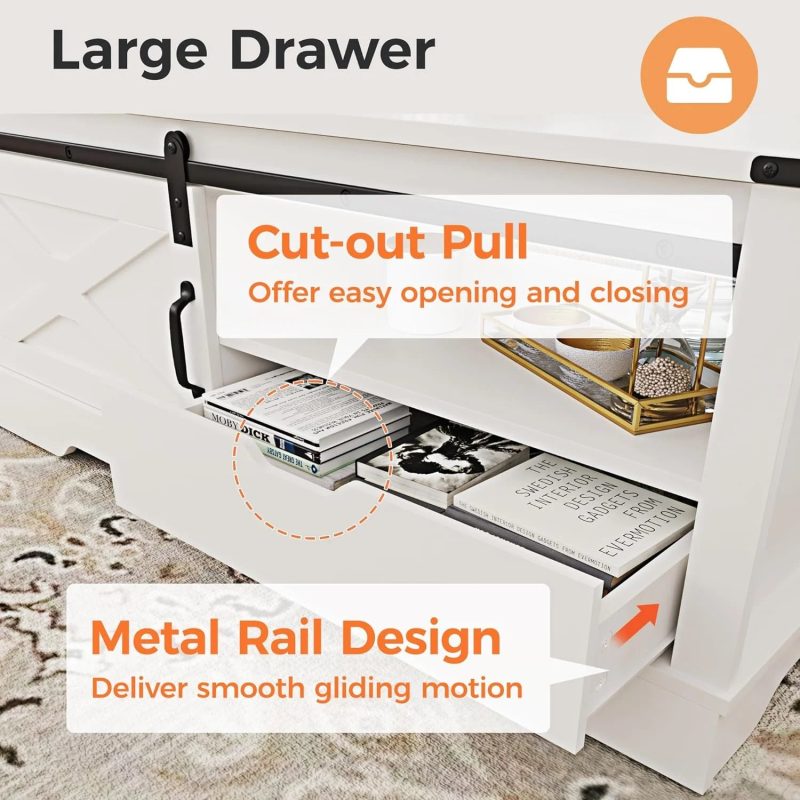 Farmhouse Coffee Table with Storage and Sliding Barn Door, 48'' Rustic Table with Open Shelves, Rectangular Center Table for Living Room, White - Image 6