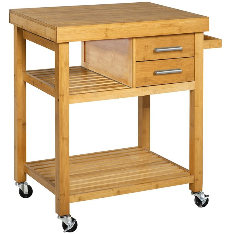 Home Aesthetics Rolling Bamboo Kitchen Island Cart Food Prep Trolley, with Towel - Image 2