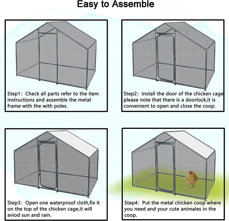 Phonjoroo Large Walk-in Metal Chicken Coop Poultry Cage Hen House Chicken House for Farm Up to 12 Chickens 10’ L x 6.6’ W x 6.6’ H w/Chicken Run Cover for Farm Home use (79.2'' H x 79.2'' W x 120'' D) - Image 7