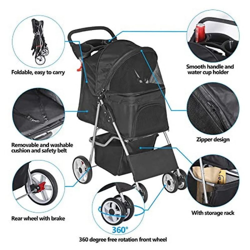 BBBuy 4 Wheels Foldable Pet Dog Cat Jogger Stroller Travel Carrier Strolling Cart w/Waterproof Cover Storage Basket Cup Holder & Removable Liner for Medium Small Cat Dog, Black - Image 4