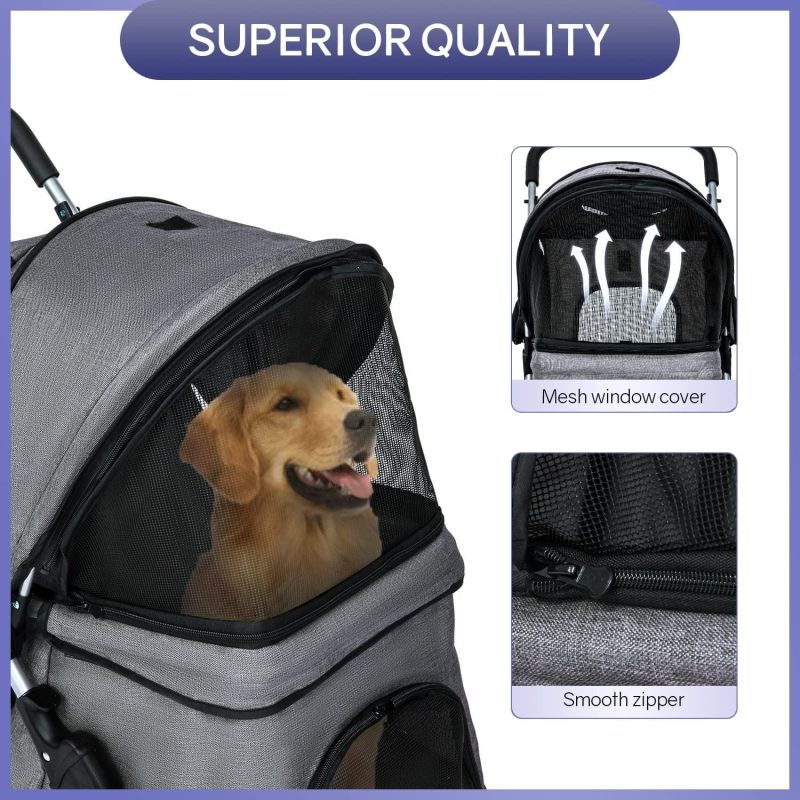 Dkelincs Pet Stroller 4 Wheels Foldable Dog Cat Stroller Travel Carrier with Storage Basket & Cup Holder, Grey - Image 2