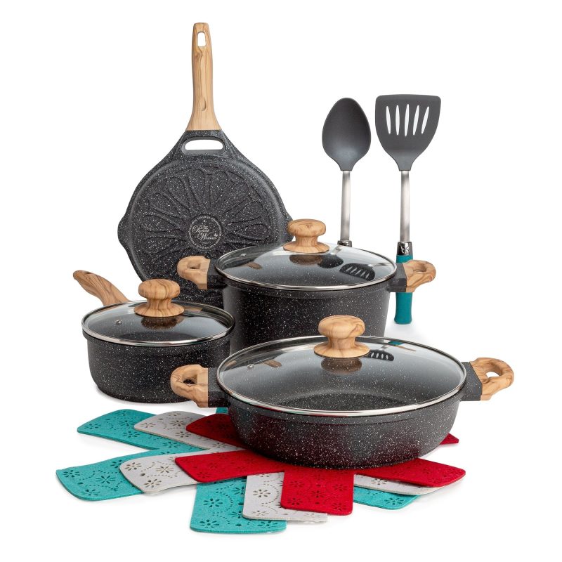 The Pioneer Woman Prairie Signature 12-Piece Cast Aluminum Cookware Set, Charcoal Speckle