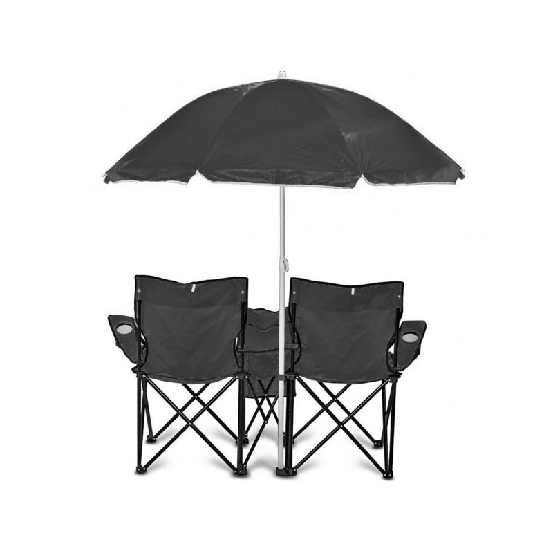 GoTeam Double Folding Camping Chair Set w/ Shade Umbrella & Cooler Bag, Black - Image 2