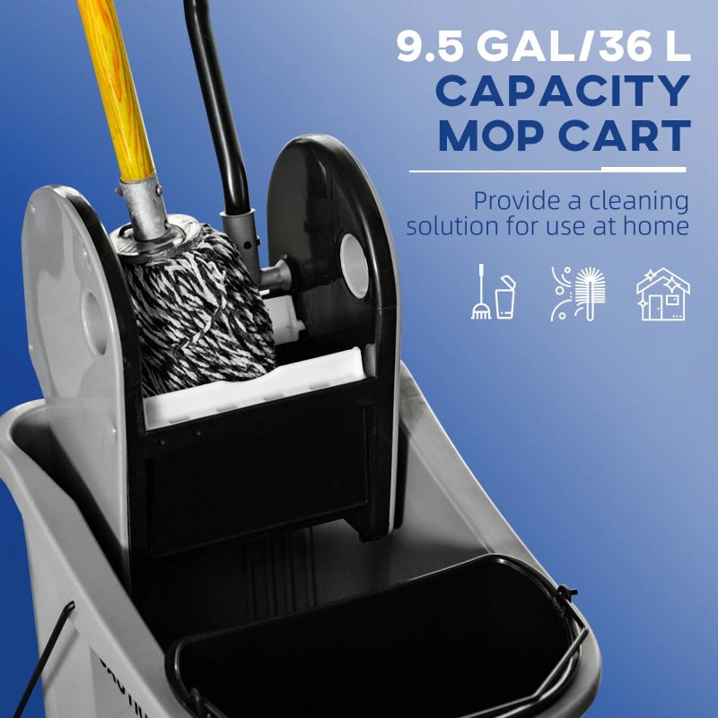 HOMCOM 9.5 Gallon (38 Quart) Mop Bucket with Wringer Cleaning Cart, 4 Moving Wheels, 2 Separate Buckets, & Mop-Handle Holder, Grey - Image 3