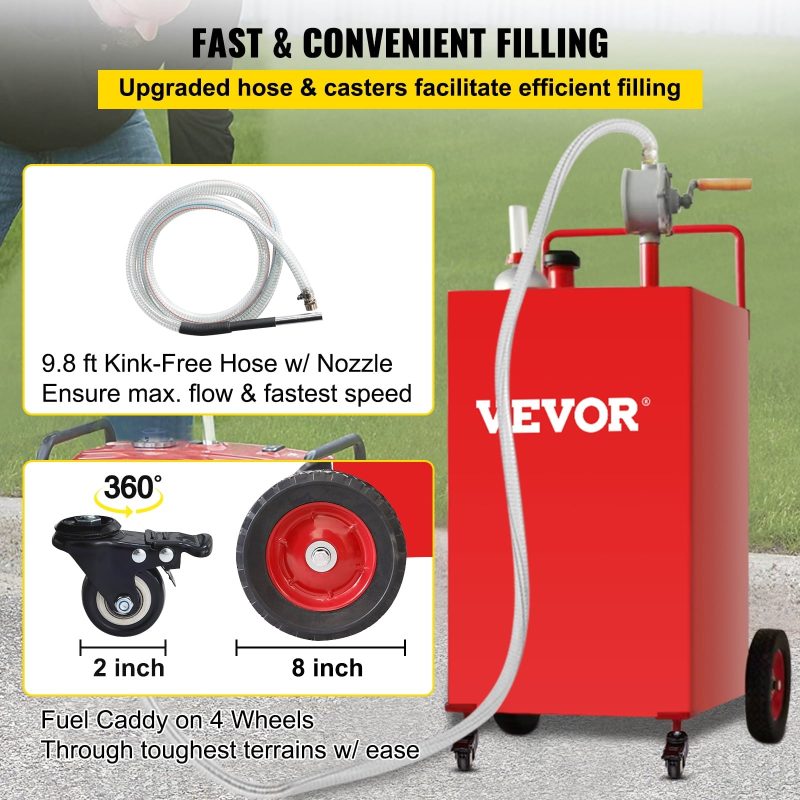 VEVOR 35 Gallon Gas Caddy, Fuel Storage Tank with 4 Wheels, Portable Fuel Caddy with Manuel Transfer Pump, Gasoline Diesel Fuel Container for Cars, Lawn Mowers, ATVs, Boats, More, Red - Image 8