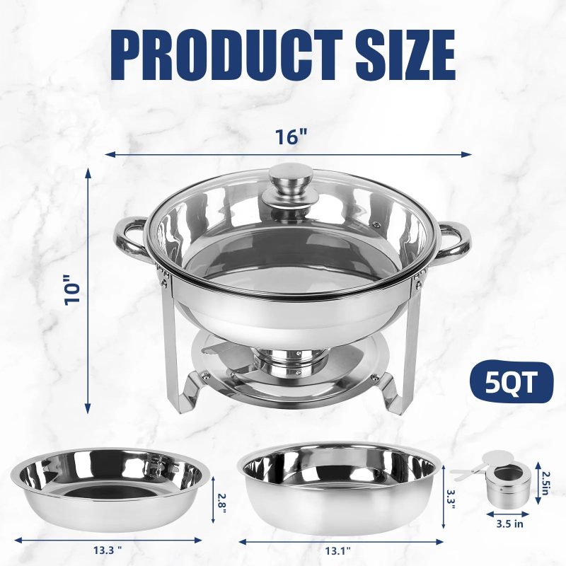 IMACONE 5QT Chafing Dish Buffet Set 2-Pack with Glass Lid, Stainless Steel Round Chafer Set for Catering - Image 3