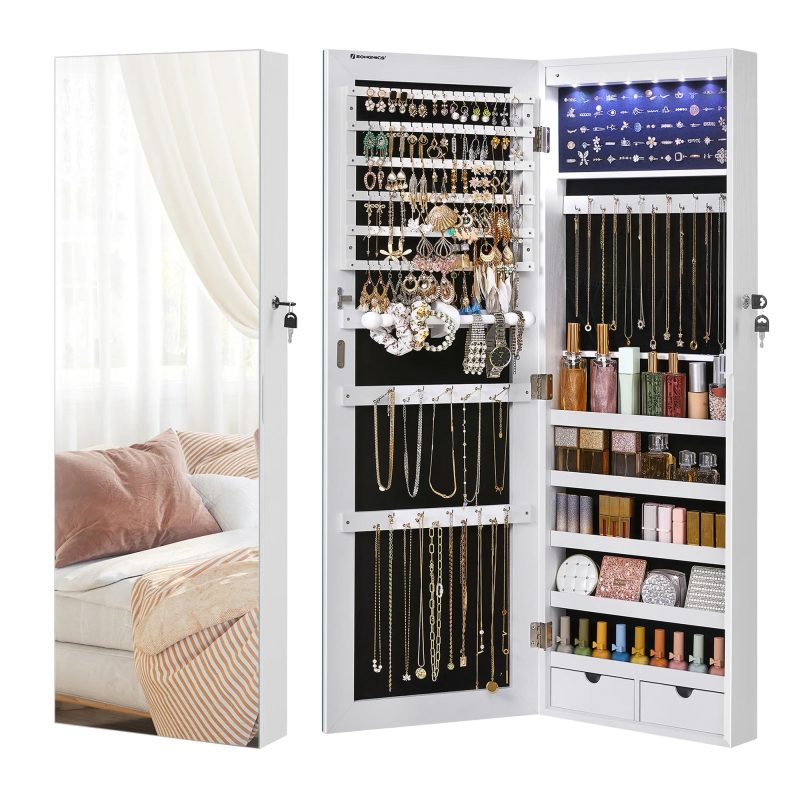 SONGMICS Hanging Mirror Jewelry Cabinet Wall or Door Mounted Jewelry Armoires with LED Interior Lights Jewelry Organizer Box Holder Full-Length Mirror White