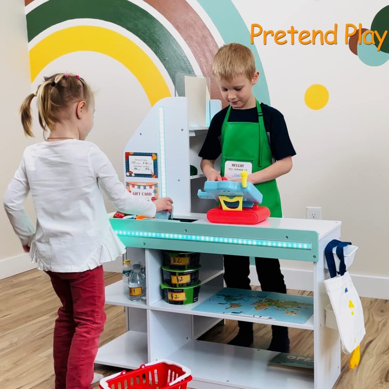 BRINJOY Grocery Store Pretend Play, Kids Play Store Wooden Market Stand with LED Lights&Acrylic Sheet, Supermarket Toy Includes Shopping Bag, Apron, Coupons, Cards for Children - Image 7