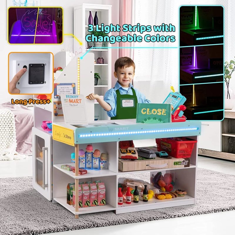 BRINJOY Grocery Store Pretend Play, Kids Play Store Wooden Market Stand with LED Lights&Acrylic Sheet, Supermarket Toy Includes Shopping Bag, Apron, Coupons, Cards for Children - Image 6