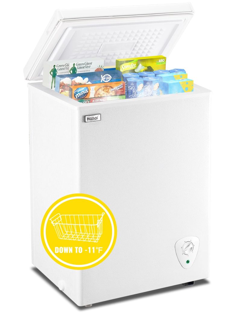 3.5 Cubic Feet Chest Freezer Small Deep Freezers with Removable Storage Basket Free Standing Top Door Compact Freezer 7 Gears Temperature Control for Office Dorm Apartment