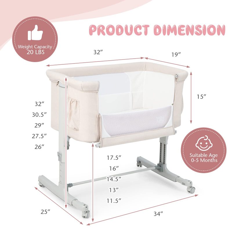 BABY JOY Bassinet Bedside Sleeper, 3 in 1 Folding Crib w/Adjustable Height, Mattress, Lockable Wheels, Storage Pocket & Carry Bag for Infant Newborn, Stationary & Rock, Portable Baby Bassinet (Beige) - Image 6