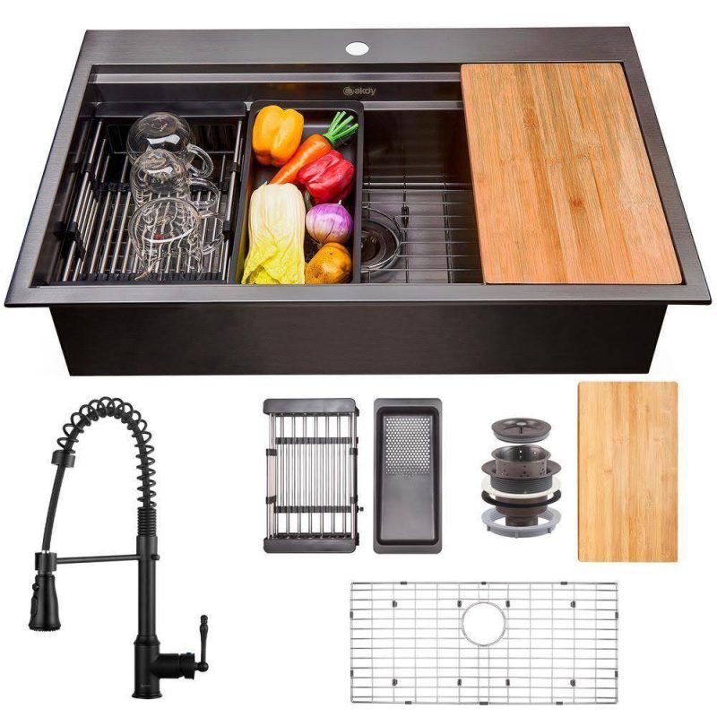 All-in-One Matte Black Finished 32 in. x 22 in. Single Bowl Drop-In Kitchen Sink with Spring Neck Faucet