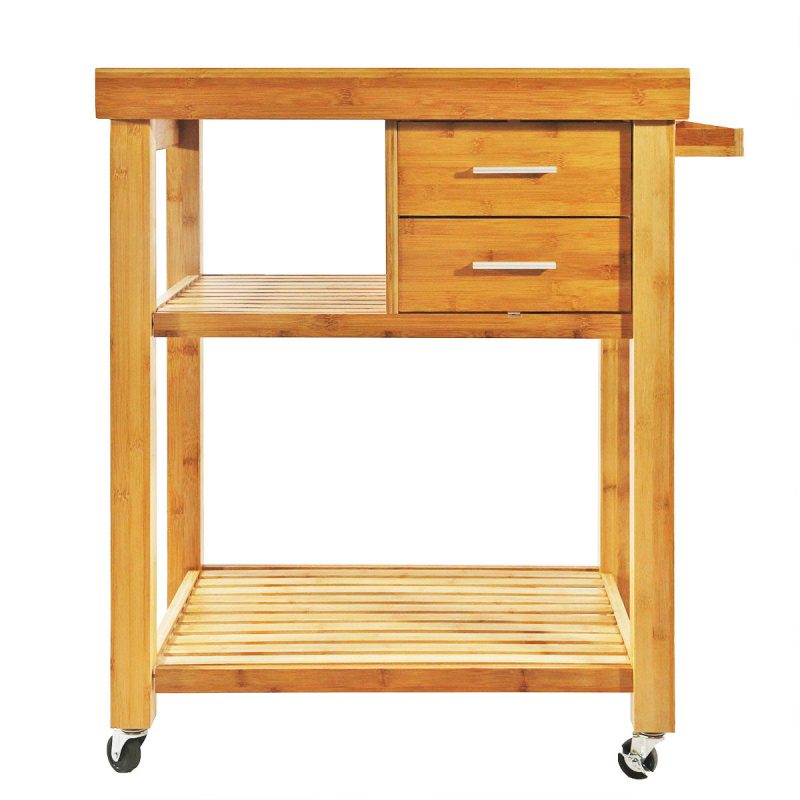 Home Aesthetics Rolling Bamboo Kitchen Island Cart Food Prep Trolley, with Towel - Image 3