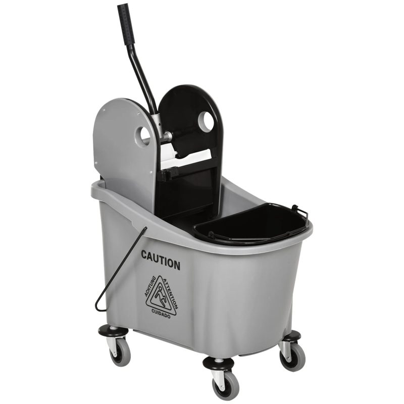 HOMCOM 9.5 Gallon (38 Quart) Mop Bucket with Wringer Cleaning Cart, 4 Moving Wheels, 2 Separate Buckets, & Mop-Handle Holder, Grey - Image 2