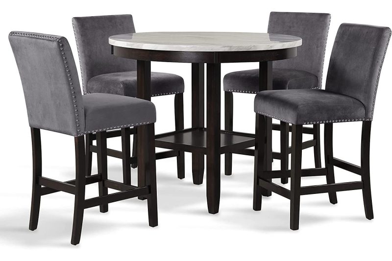 New Classic Furniture Celeste 5-Piece Faux Marble Round Counter Set with 1 Table and 4 Chairs, 42-Inch, Grey - Image 2