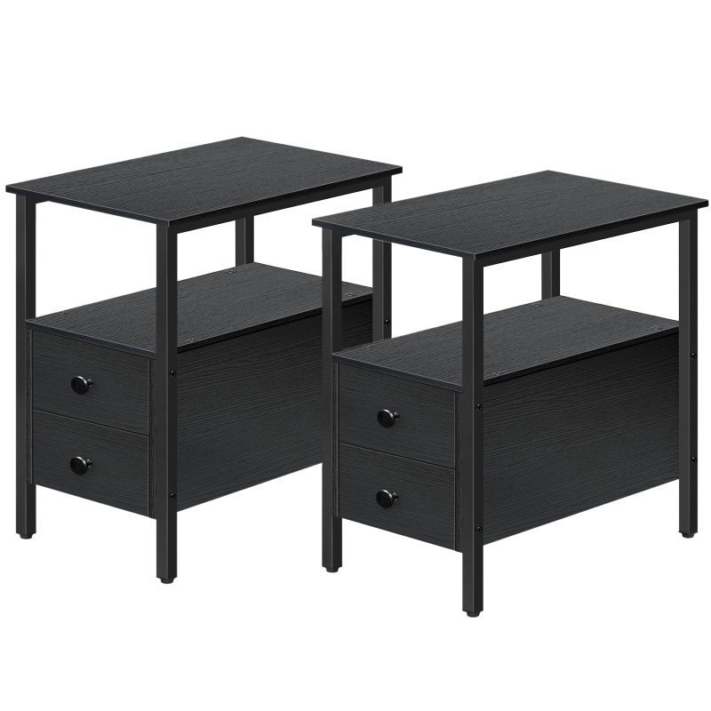 HOOBRO End Table, Set of 2, Recliner Side Table with 2 Drawers and Open Shelves, Narrow Nightstand for Small Spaces, in Living Room, Bedroom, Wood Look Accent Table, Black BK54BZP201G2